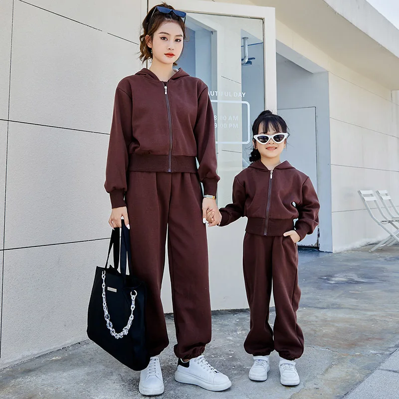 Mom Baby Girls Matching Clothing Sets Mother and Daughter Equal Outfits Fashion Women Hooded Jacket Zip+pants Two Piece Clothes