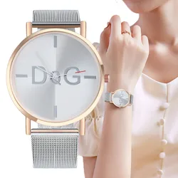 Reloj de cuarzo de la marca simple de las señoras de lujo de la escala brillante de las mujeres relojes de moda de plata de malla de acero inoxidable de los regalos de la señora reloj