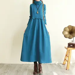 Vintage Plus Fleece Autumn Winter Midi Dress Women Fashion Casual Turtleneck Over the Knee Solid Loose Temperament Long Dresses