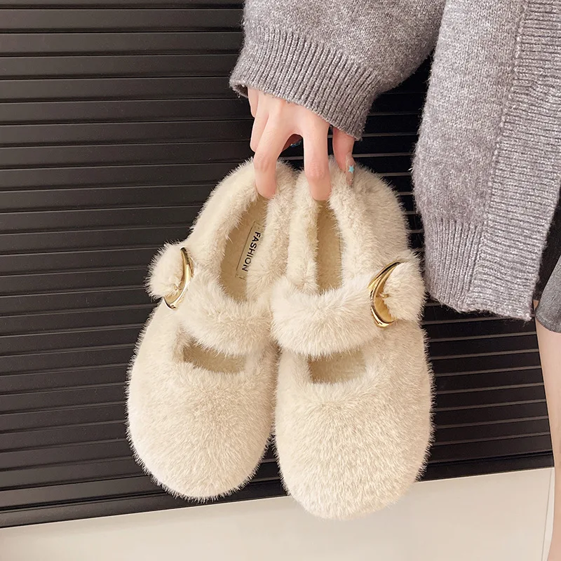 

Fashion Winter Warm Women’s Plush Flat Shoes Korean Style Mary Jane Ladies Casual Boat Shoes Outdoor Work Shoes Drop Shipping