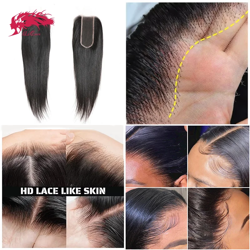 Ali Queen Hair 2x6 5x5 6x6 Real HD Lace Closure Invisible Melt Skin Full Frontal 13x6 13x4 Indian Virgin Straight Hair