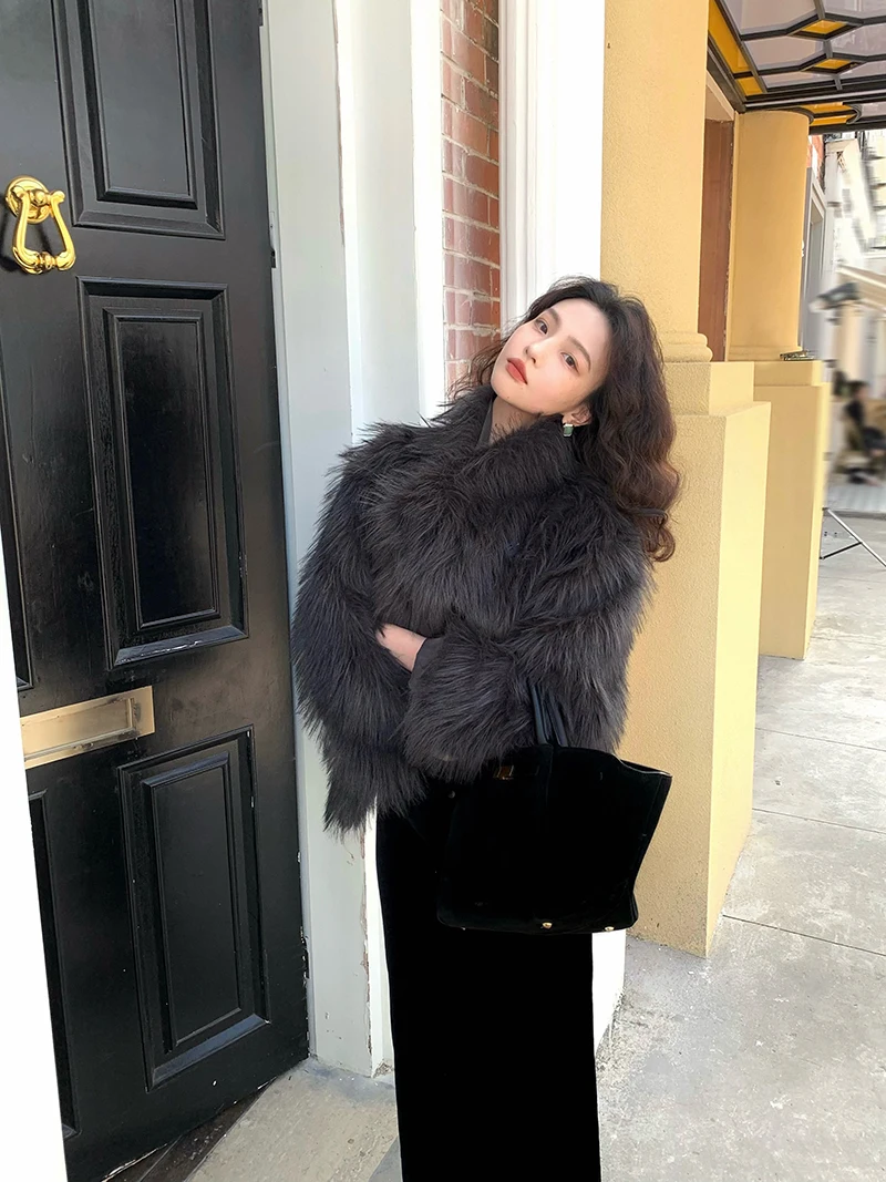 

Retro Spring Autumn New Loose Women's Fur Coat Stand Collar Warm Top Eco-friendly Nylon Pure Color Commute Sle Long Sve