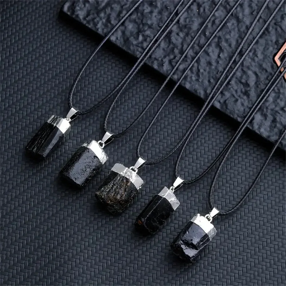 Chinese Style Lucky Natural Raw Black Tourmaline Pendant Irregular Crystal Column Silver Plated Edge Black Rope Necklace Fortune