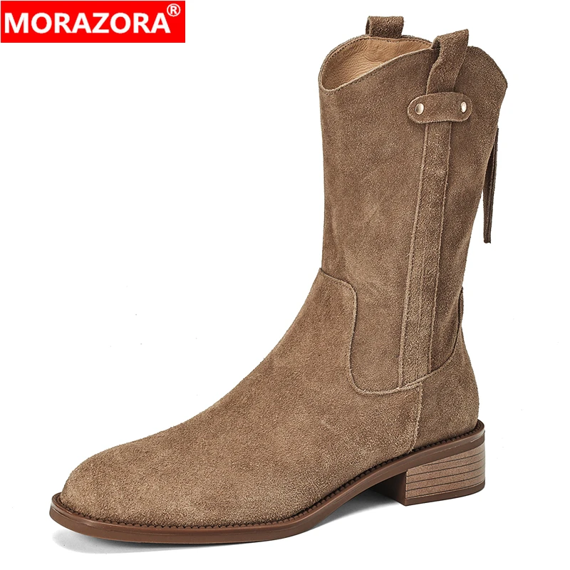 

MORAZORA Plus Size 34-42 New Mid Calf Boots Women Cow Suede Zipper Western Boots Autumn Winter Half Boots Ladies Shoes