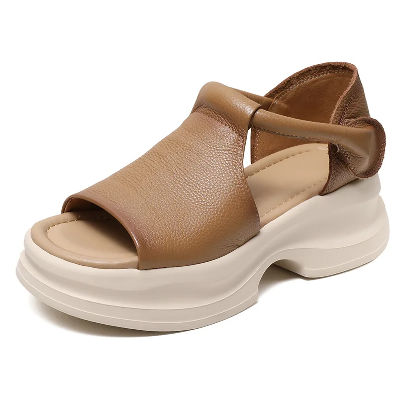 

Летняя обувь 5 см, женские босоножки на толстом каблуке, новый дизайн, повседневные сандалии на платформе с открытым носком из натуральной кожи на липучке, женские тапочки