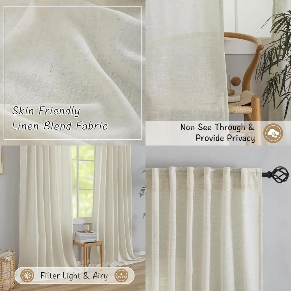 

Extra Long 132 Semi-Sheer Linen Curtains, 2-Panel Set with Back Tab Hooks, Privacy, Cream Ivory/Light Beige for High Ceiling Liv