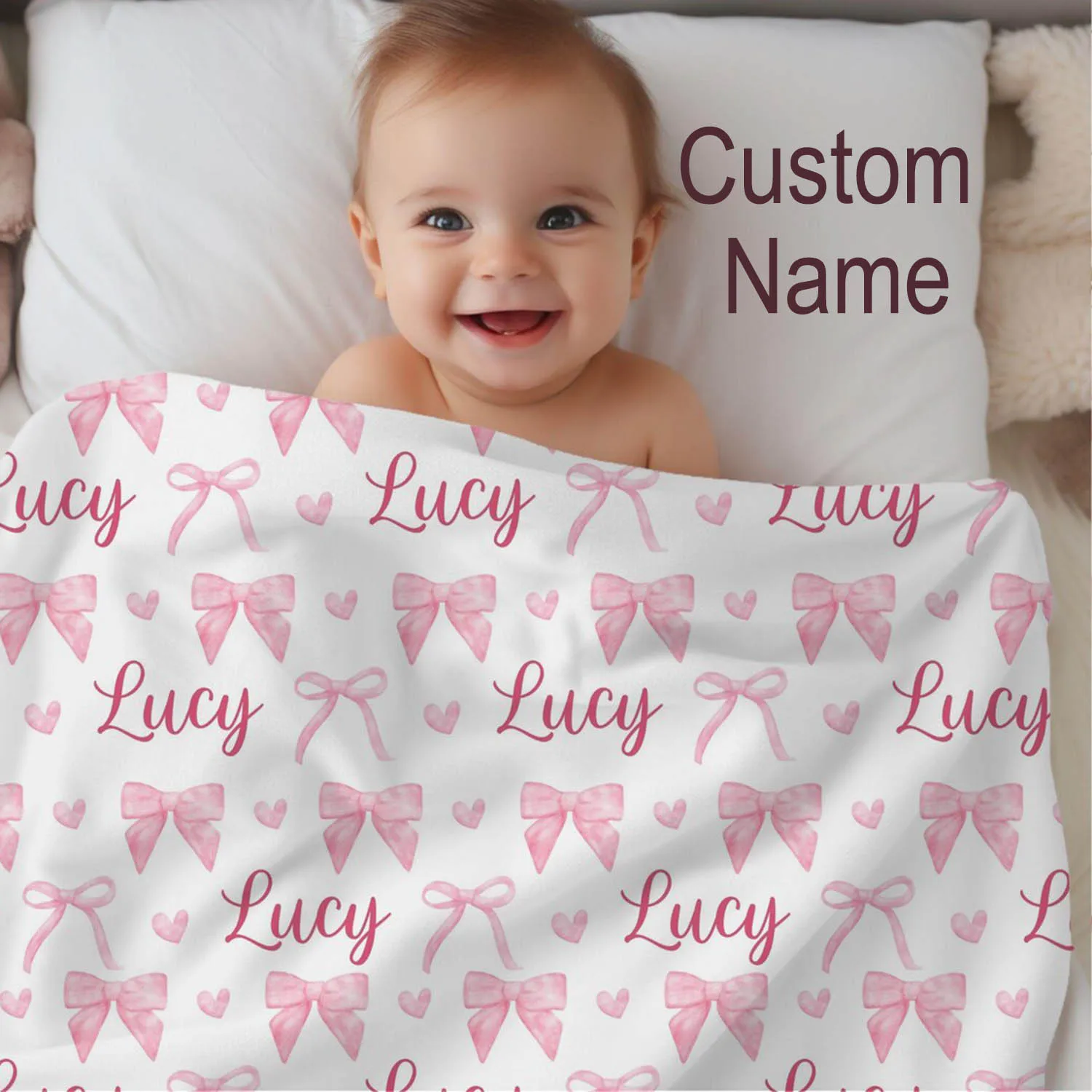 UOOPOO Personalized Name Pink Bow Baby Pillow Cover Set, Swaddle Set