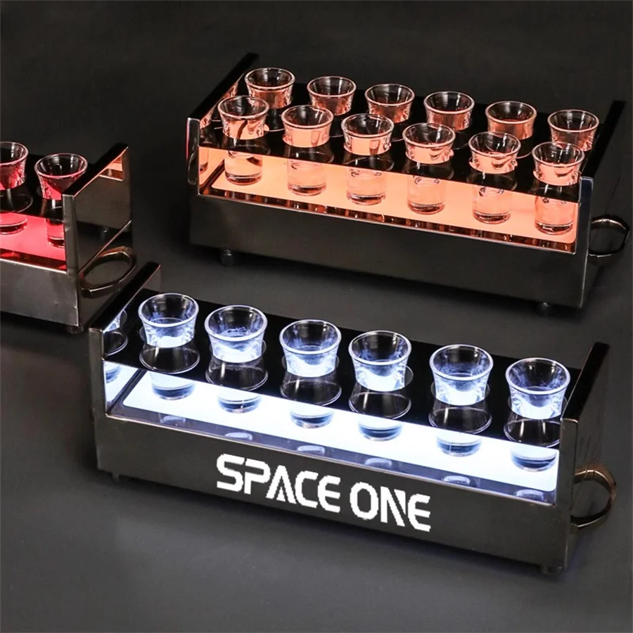 Rechargeable Stainless Steel Lighted 12 Glasses Rack Serving Holder Wine Glass Display Stand LED VIP Shot Glass Service Tray