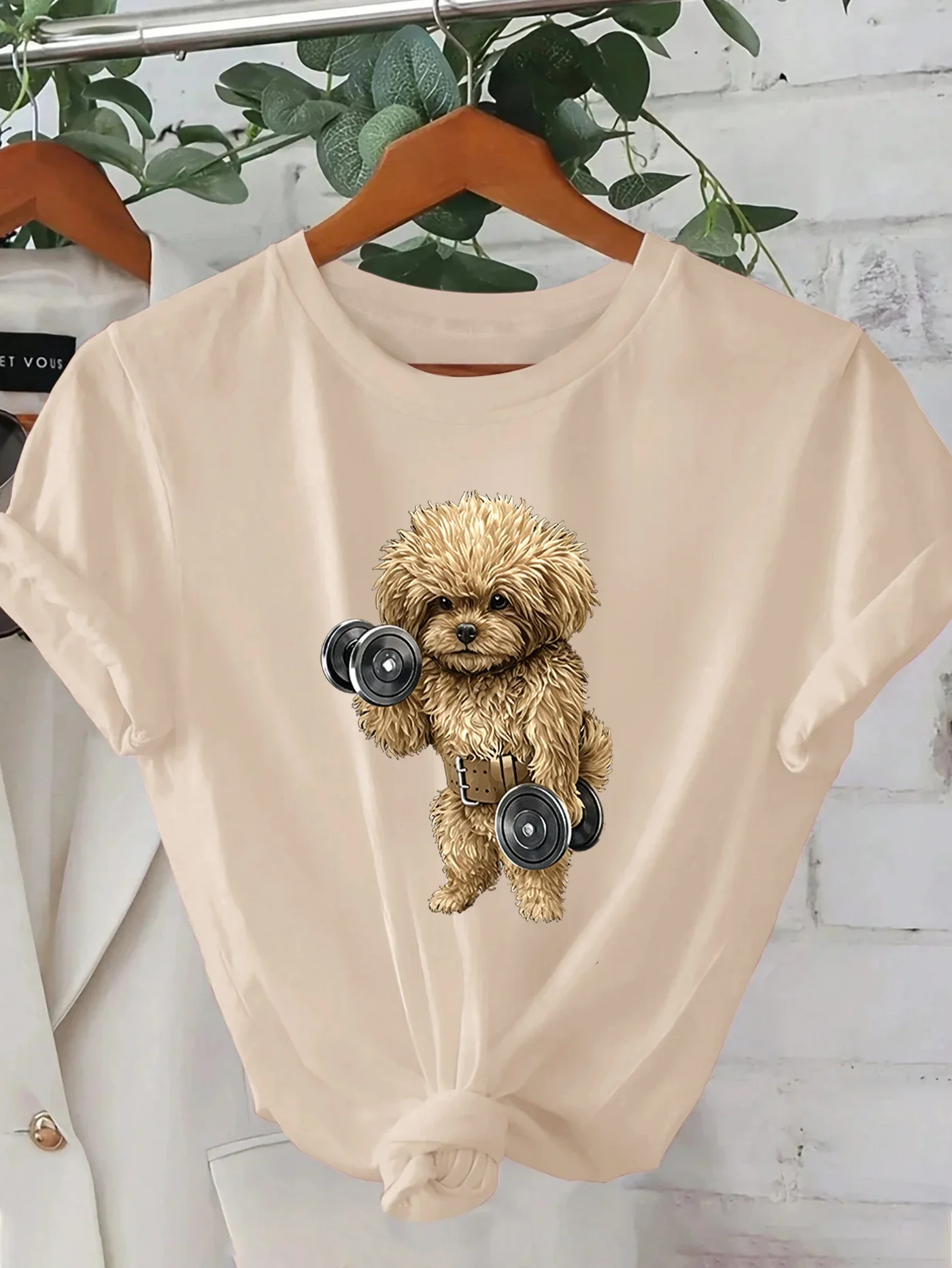 

Womens Casual Summer T-shirt with Cute Poodle Graphic Short Sleeves Round Neck for Going Out Sports Casual Playful Dog Design