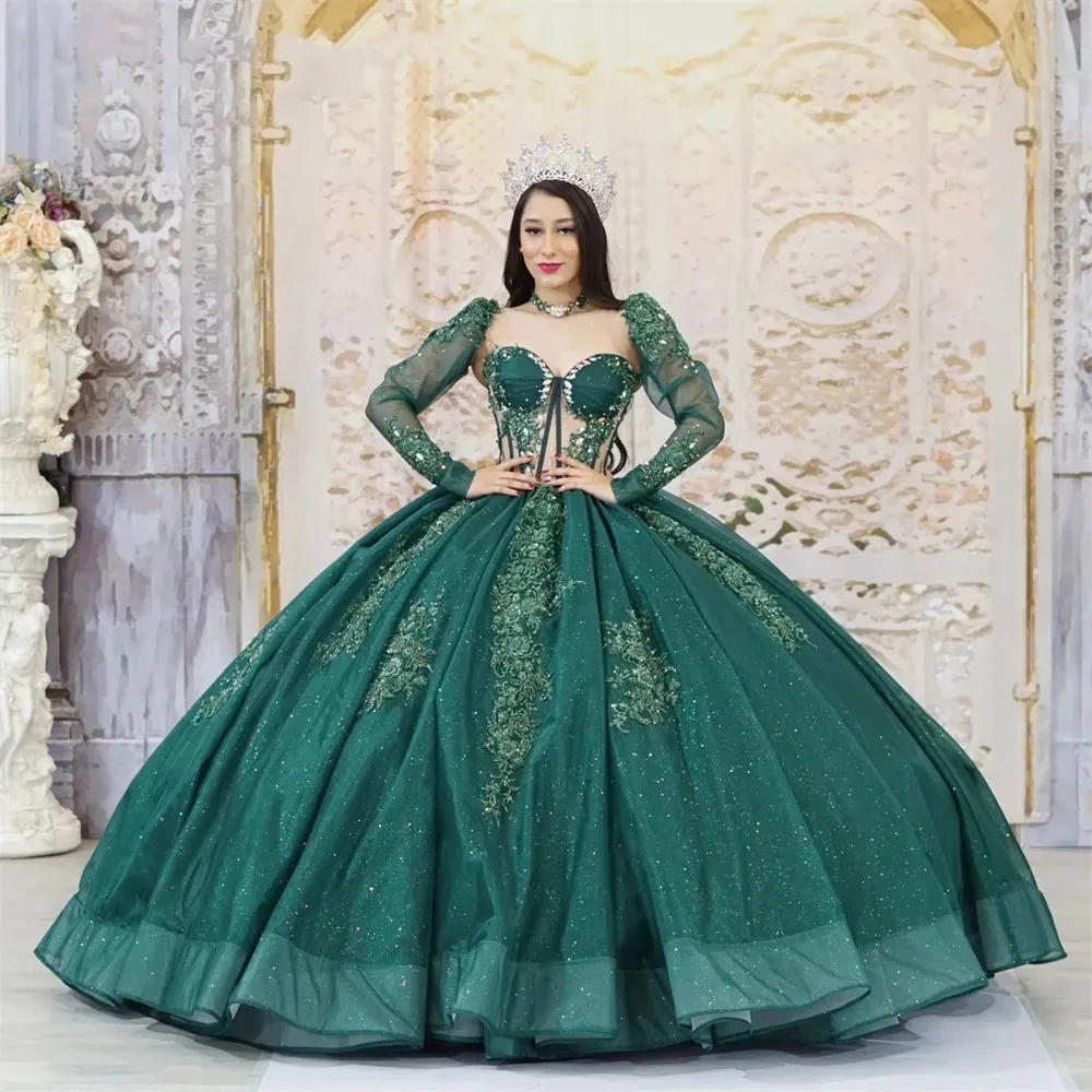 Green Lace Applique Girl Quinceanera Dresses Princess Beads Exposed Boning vestidos de 15 quinceañera Sweet Birthday Customized