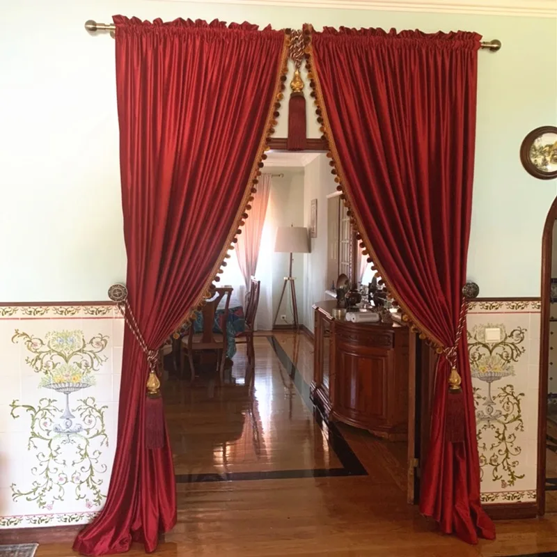 Burgundy Velvet Rod Pocket Blackout Curtain American Retro Solid Drape For Living & Bedroom Decor