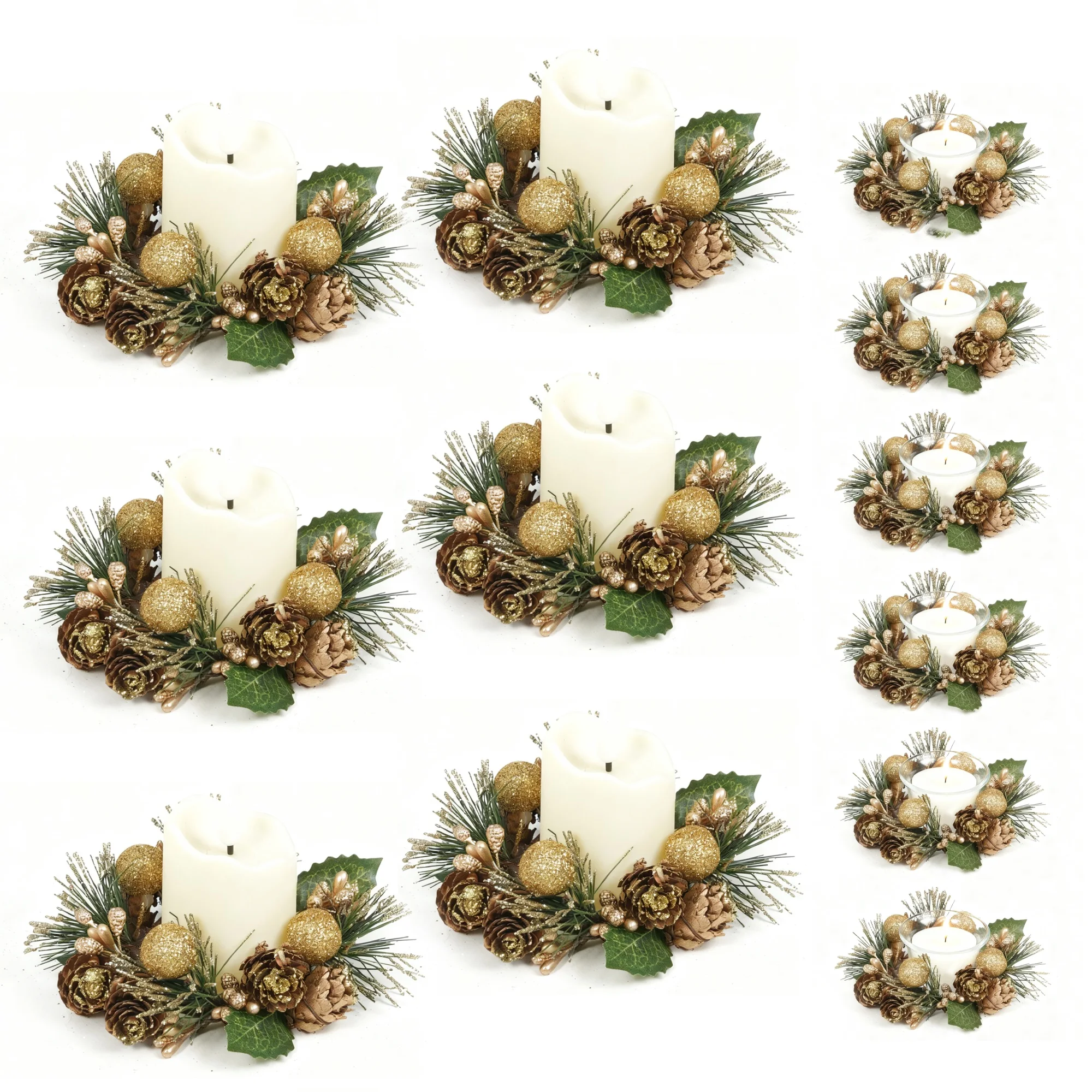 

Christmas Candle Ring Set of 6, Farmhouse Style Wreaths with Golden Berries, Pinecones, Flameless LED Candles in Glass Cups for