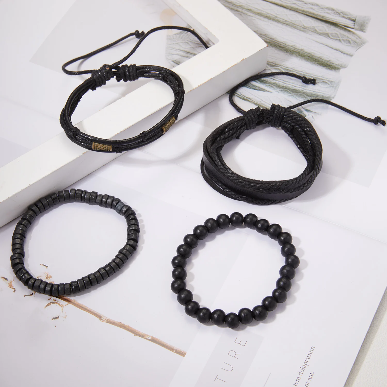 4Pcs/Set Braided Wrap Leather Bracelet for Men Women Vintage Yin Yang Infinity Wood Beads Charm Bracelets Male Wristband Jewelry
