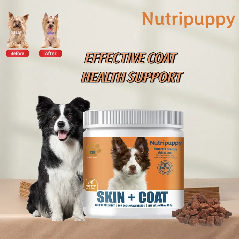 Suplemento nutricional de pele e casaco de cachorro para pele brilhante com ômega-3 e 9 + vitamina C, promove a saúde da pele e do casaco do cachorro, 120 mastigares