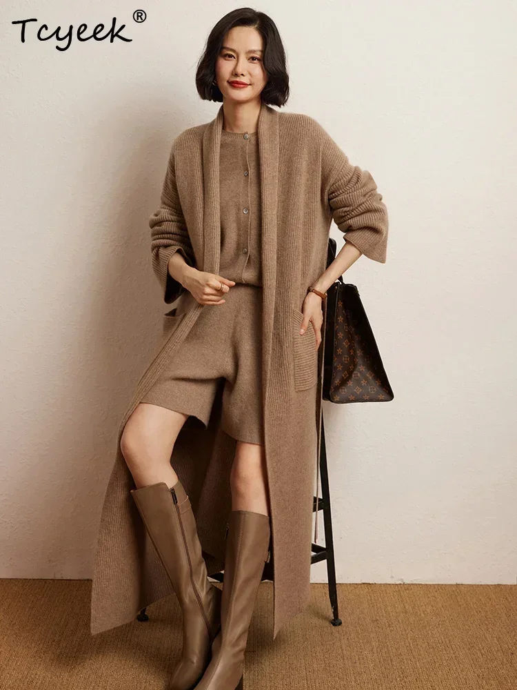 High-end Women's Sweater 100% Cashmere Cardigan Sweater Clothes Autumn Winter Sweater Large Lapel Robe Long Outerwears Warm Knit