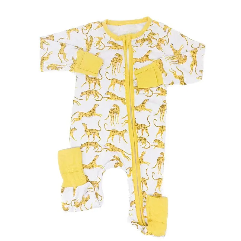 Foreign trade baby Lins wind.Leopard bamboo fiber printing zipper one-piece climbing suit pajamas