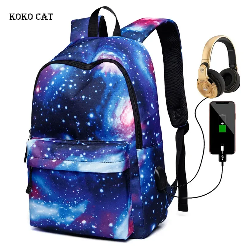 

Canvas School Backpack Galaxy Star Universe Girls Bags USB Charging Teen Boys Travel Daypack Mochila Feminina Back To School