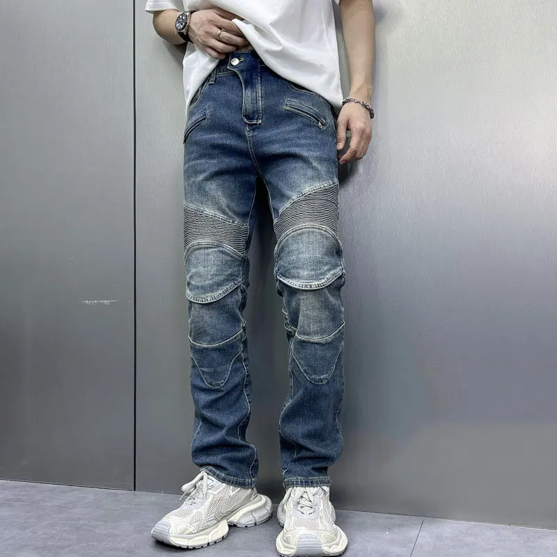 Y2Knew men's work pants with fishing net patches washed, nostalgic stretch, slim fit, retro blue work pants designer pa