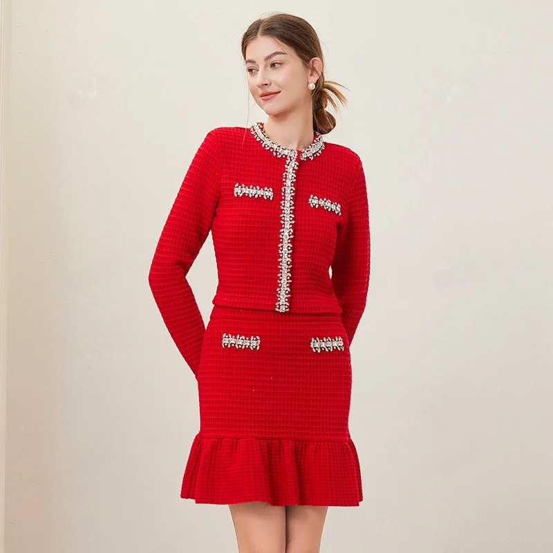 Ele Luxury Long Sve round Ne Open Cardigan Skirt Knitted Set Heavy Work Diamond Decoration Casual Sportswear Set