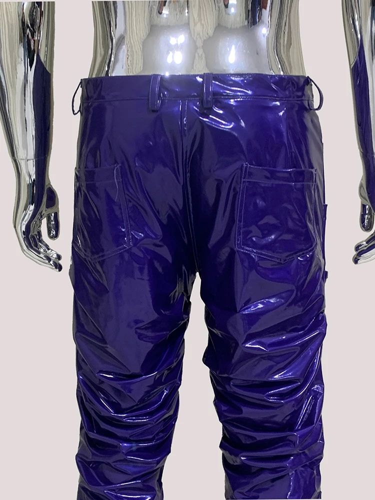 Nerazzurri Spring Autumn Fitted Ruched Shiny Reflective Purple Stretchy Soft Thin Faux Leather Stacked Pants Men Y2K Streetwear