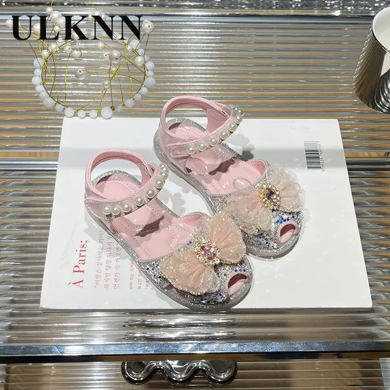 

Girls' Sandals 2024 Summer New Kid's Rhinestone Shining Children's Princess Shoes Soft Sole Anti Slip Hollow Sandals