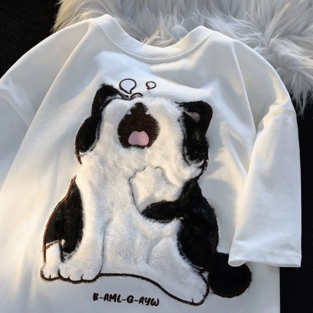 

Retro Japanese Style Sleepy Cat Flocking Short-Sleeved T-Shirt Oversize Fashion Brand Men's And Women's Couple Dress