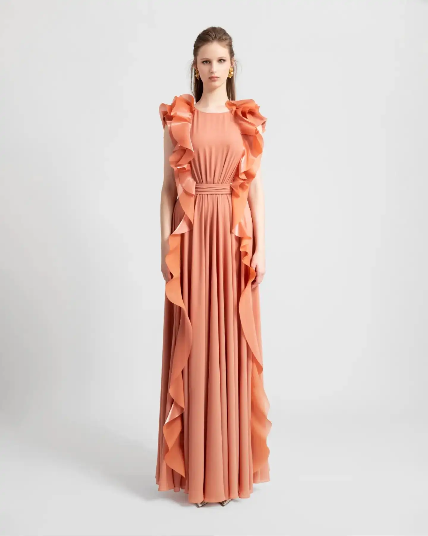 

Customized High Quality Chiffon A-Line Ruffles Evening Dress Graceful O-neck Sleeveless Floor Length Bespoke Occasion Gowns