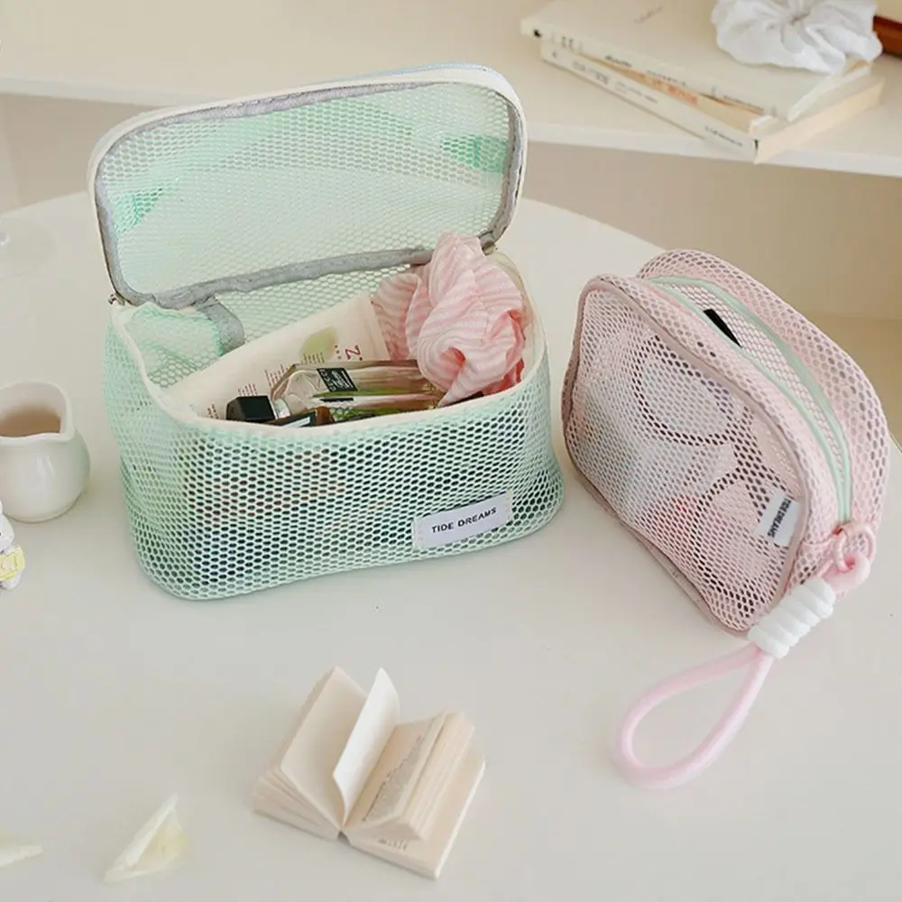 Portable Dopamine Color Mesh Cosmetic Bag Large Capacity Lightweight Coin Purse Breathable Toiletry Bags