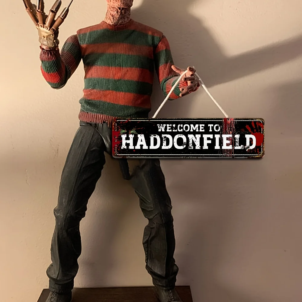 مرحبًا بكم في لافتة Hatdonfield Horror Street المعدنية المصنوعة من القصدير، وديكور رعب الهالوين القديم