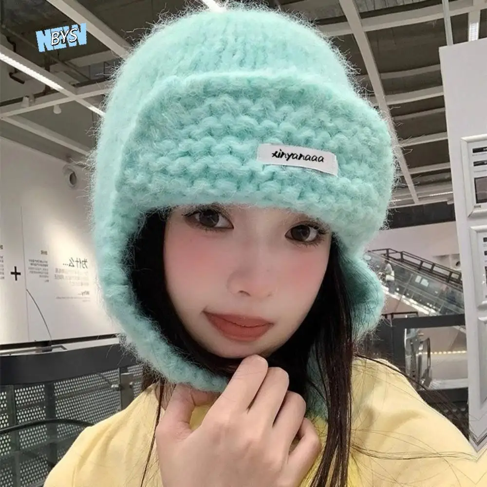 

Korean Autumu Winter Women Knitted Cap Fluffy Pom-pom Y2k Warm Beanie Hats Sweet Versatile Ear Protection Caps Female