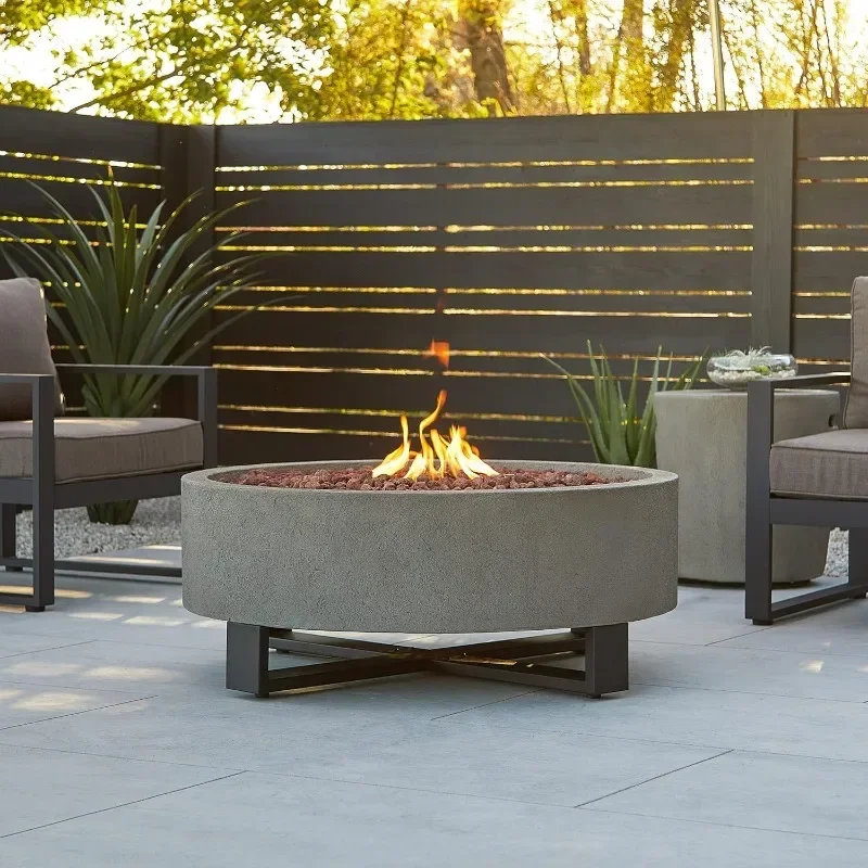 Ideldale Round Outdoor Fire Pit Lightweight, Concrete-like Material Buttons Start, Adjustable Flame Height