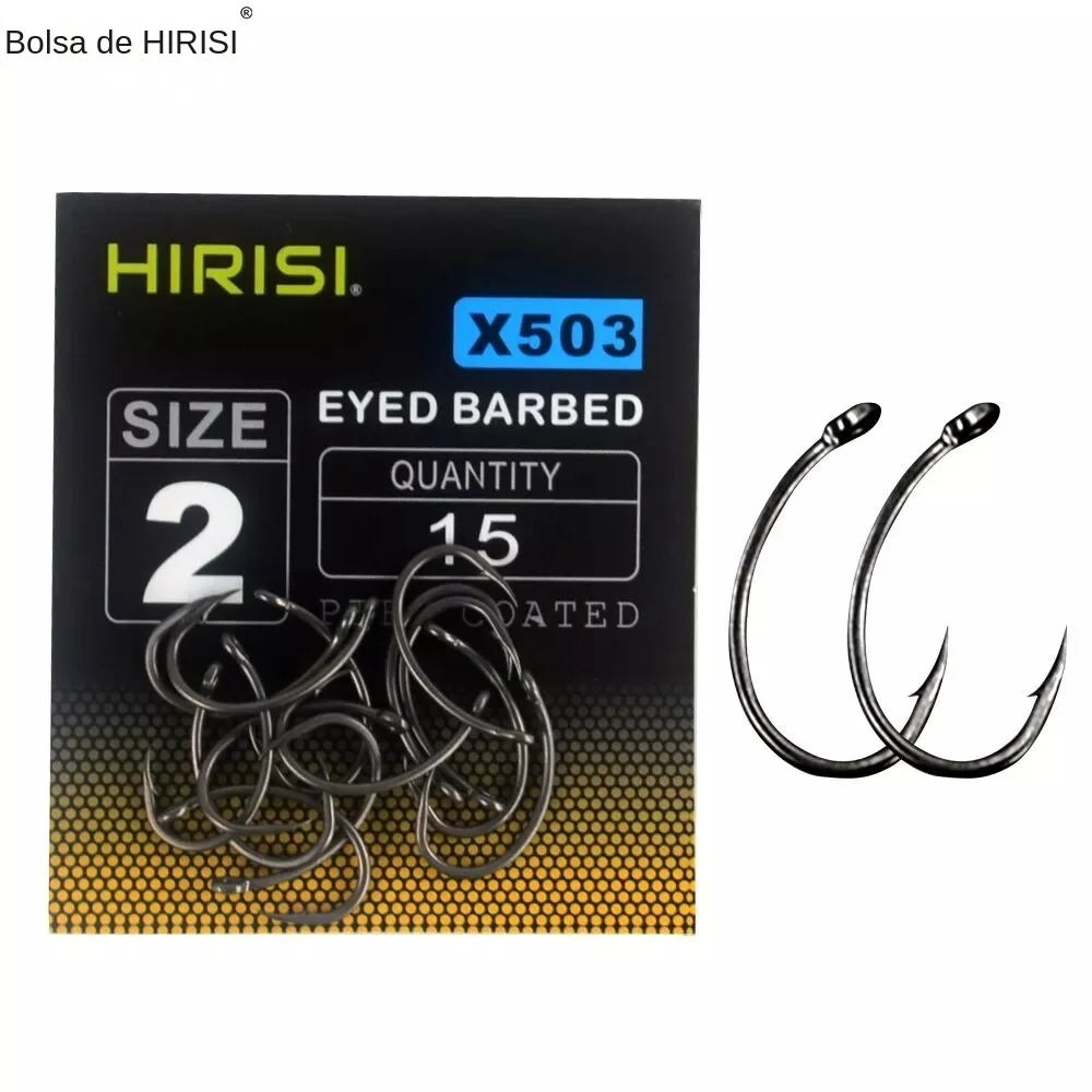 15pcs PTFE Coated High Carbon Stainless Steel Barbed Fish Hook With Eye X503 Fishing Accessories