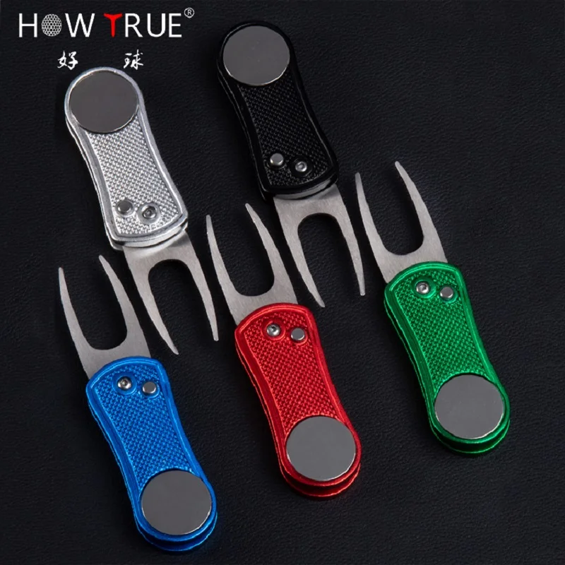Stainless Steel Foldable Golf Divot Tool with Pop-up Button and Magnetic Ball Marker Multi-Colors Golf Ball Tool Pitch