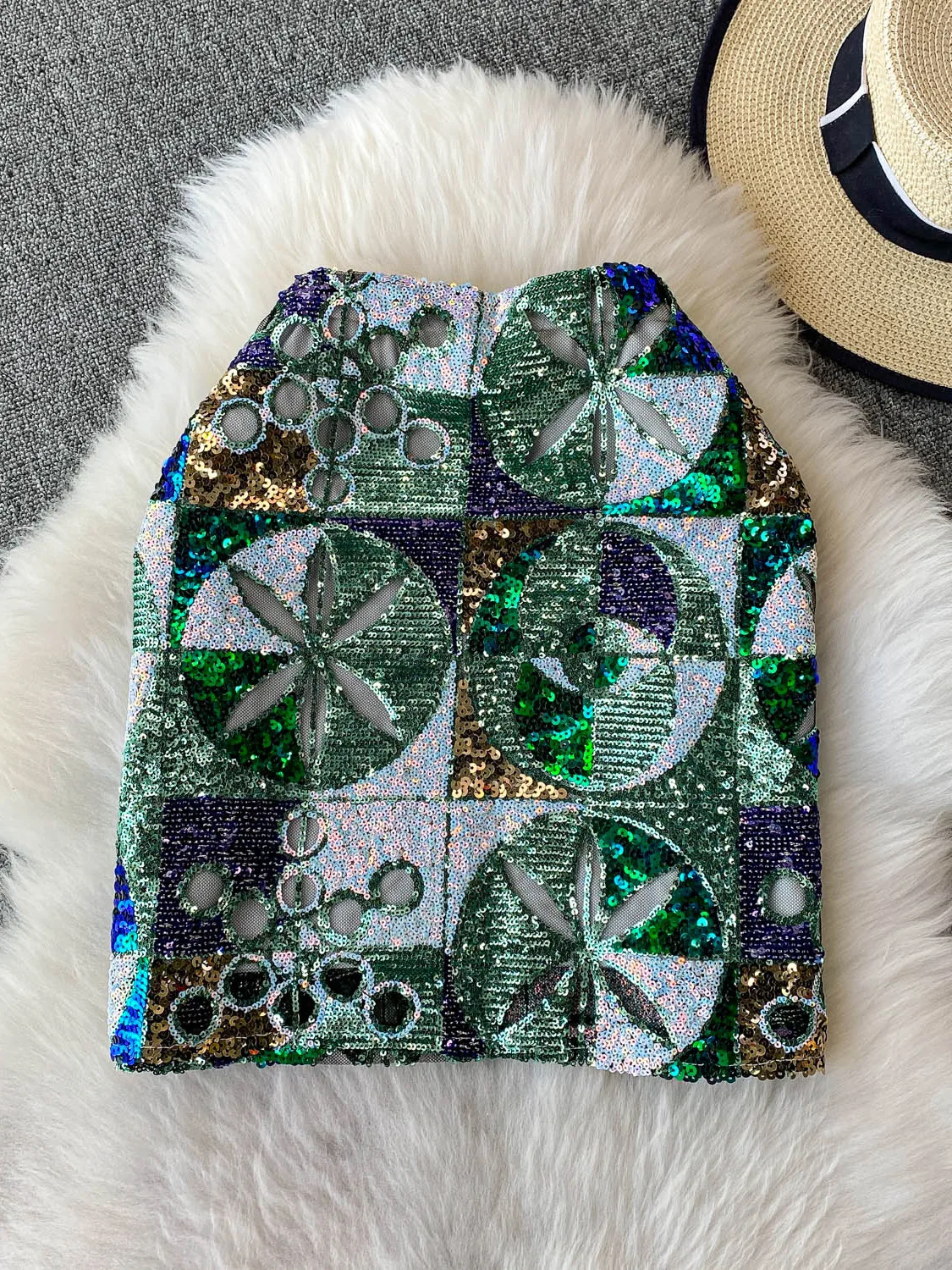 Glittery Heavy Embelliment  Skirt Women's Faion Slimming ort Skirts High Waist A-Line Korean Sle Commute