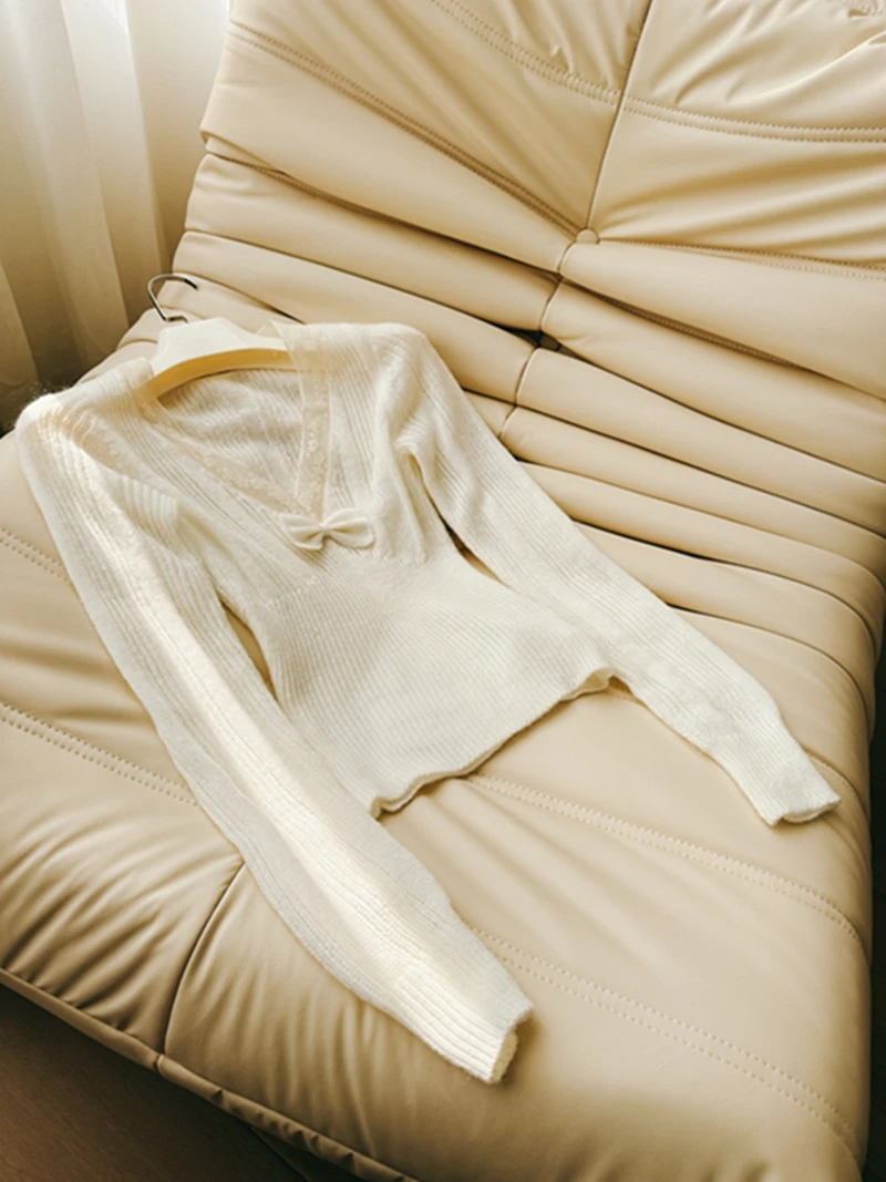 

Нежный вязаный топ-боди Sweet Fairy с кружевными вставками и узлом, двухцветный, мягкий, уютный, облегающий, базовый слой, трикотажное белье