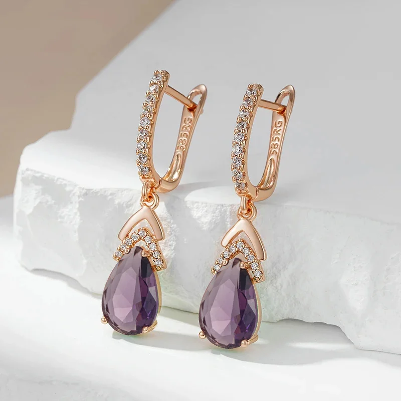 Wbmqda Elegant Lilac Earrings For Women 585 Rose Gold Color With Purple Natural Zircon Best New Year Jewelry Gifts