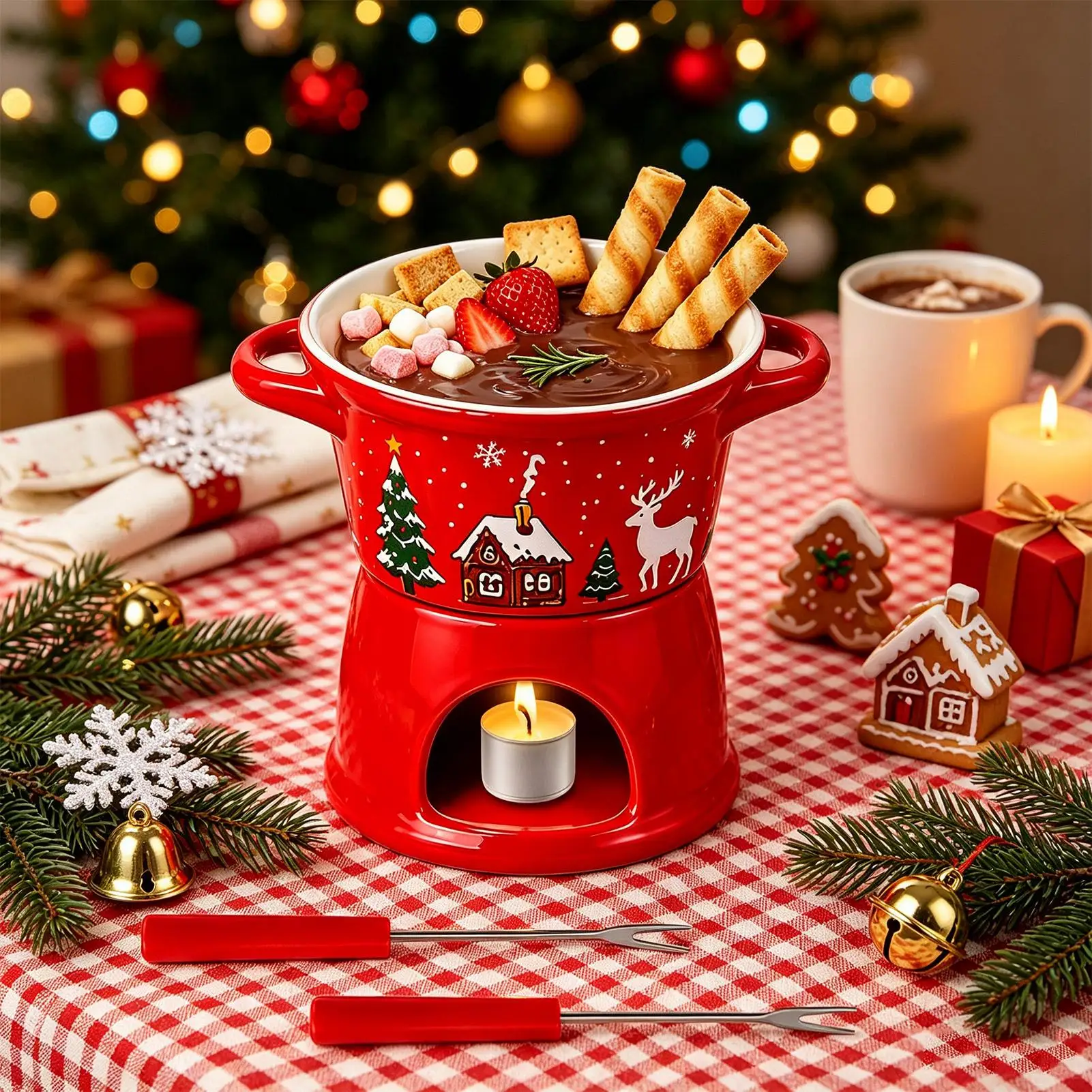 Ceramic Chocolate Fondue Cup 300ml Butter Warmer Pot Set with Fork Cheese Candy Melting for Home Picnic Cold Weather Gift