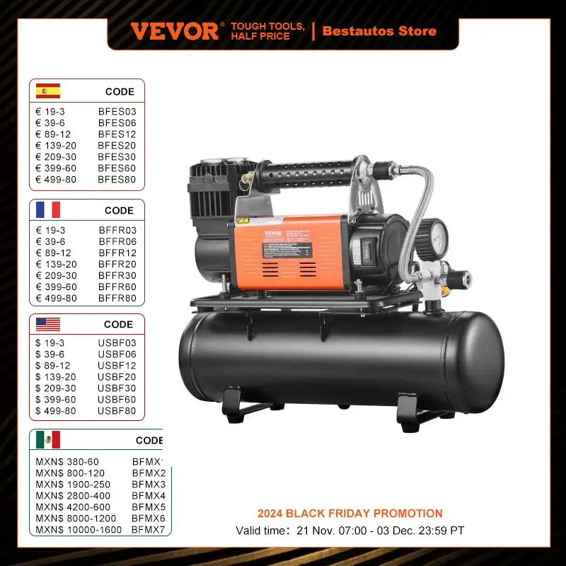 VEVOR 12V Heavy Duty Air Compressor with Portable Tire Inflator Offroad Air Compressor with Digital Pressure Gauge Tire Inflator