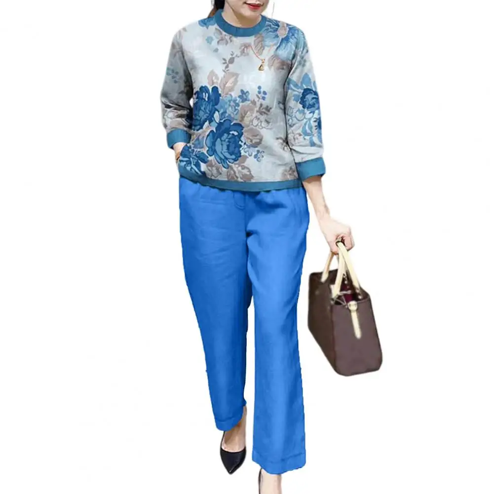 Loose Fit Women Casual Set Floral Print Women\'s T-shirt Pants Set with Wide Legs Pockets Stylish Spring/fall Suit for Female