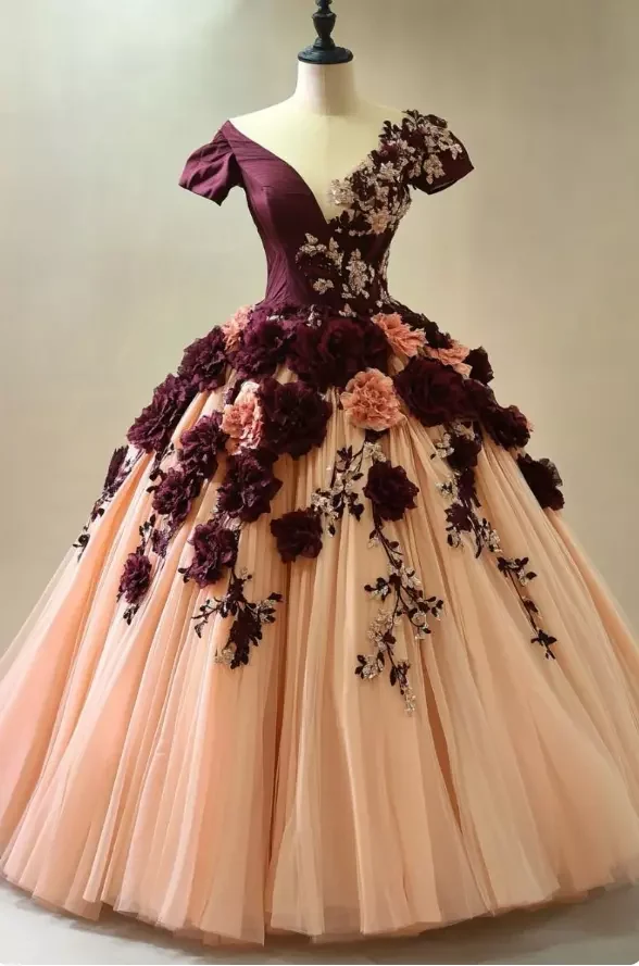 Gaun Pesta Bunga Antik Gaun Prom Gaun Topeng Victoria Lengan Pendek Leher-v Gaun Pesta Burgundy Kustom Panjang Selantai