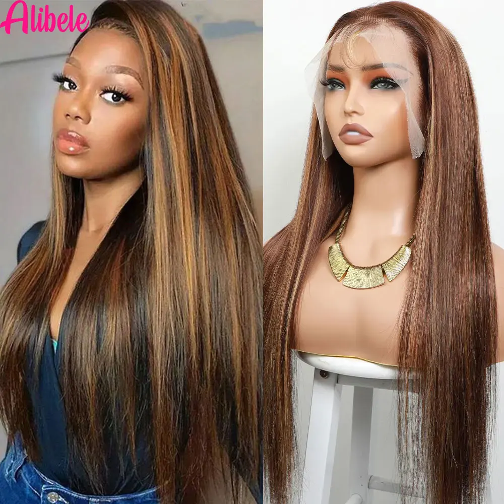 

Alibele Hair 13x4 Lace Frontal Wig Ombre Honey Blonde Brown Wig Highlight Wig P4/27 Colored Wigs For Women Transparent Lace Wigs