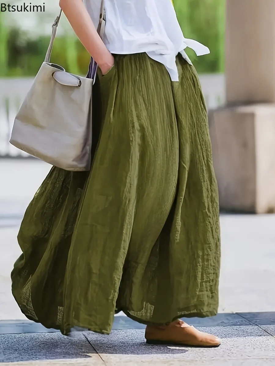 2025 Women Fashion Summer Retro Skirt Solid Color Loose Elastic Waist Half Skirt   Fashionable and Casual Versatile Long Skirts