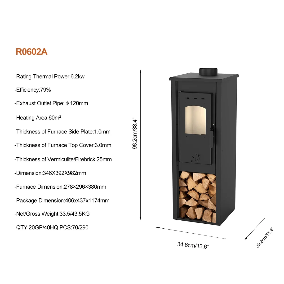 R0602A Smokeless Thin Steel Wood Stove Indoor Home Heating Fireplace Durable Burning Furnace