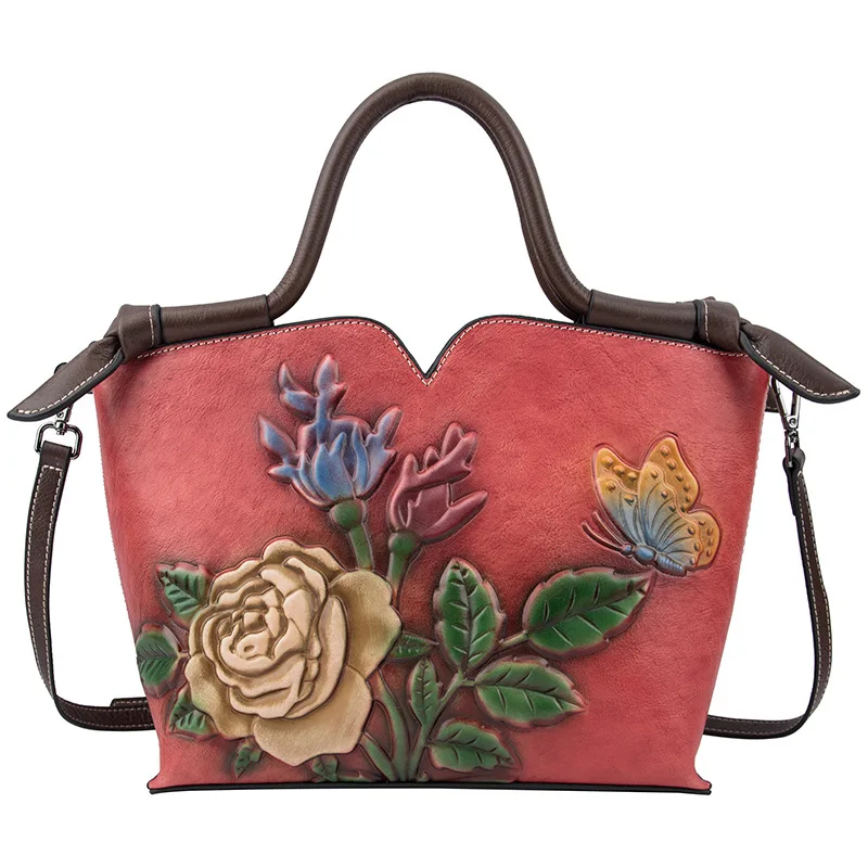 Vintage Floral Leather Handbag -Romantic,exquisite Tote with Rose & Butterfly Embroidery - Genuine Leather