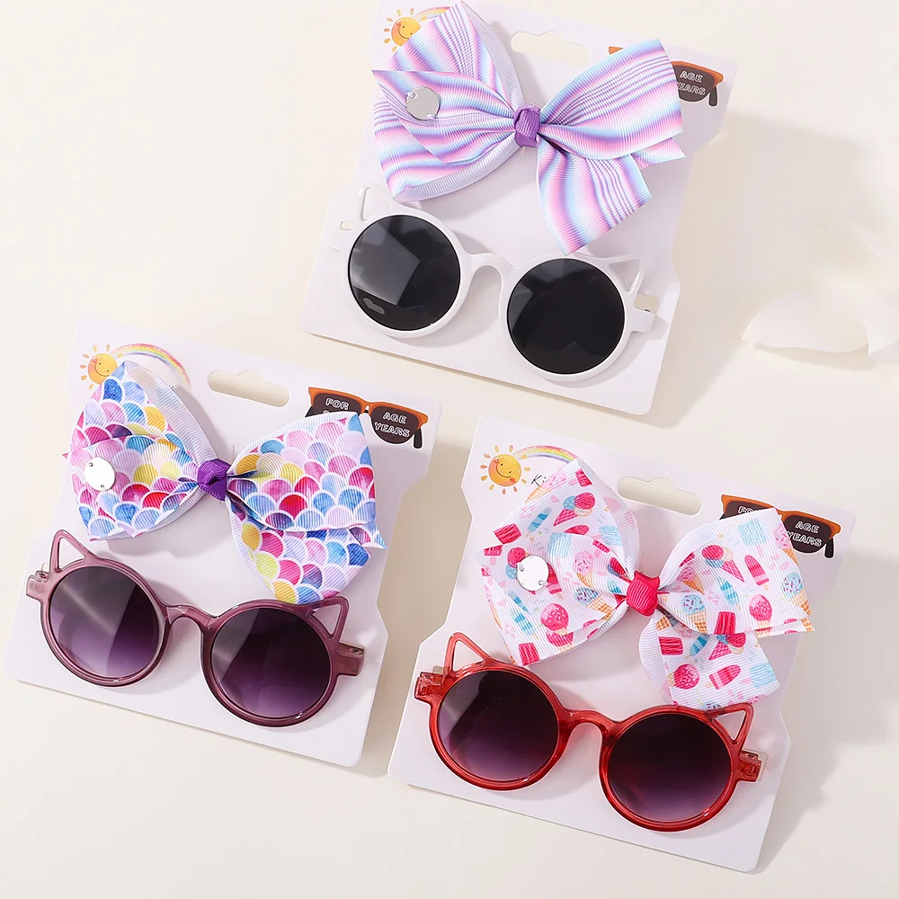 2Pcs/Pack Kids Bows Hairpin Geometry Cartoon Sunglasses Children Protection Glasses Baby Girls Seaside Vacation Hair Accessories