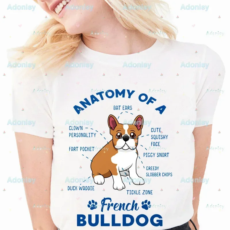 Frenchie Anatomy of French Bulldog Kawaii สัตว์ Harajuku ผู้หญิง Tees TOP Casual แฟชั่น Tops หญิงเสื้อยืด