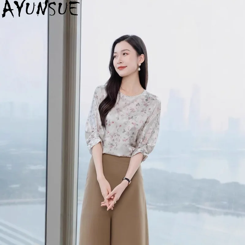 

AYUNSUE 90% Silk Pullover Blouses for Woman Elegant Printed Tops for Woman Gentle Blouse Spring Summer Clothes Woman 2026 블라우스