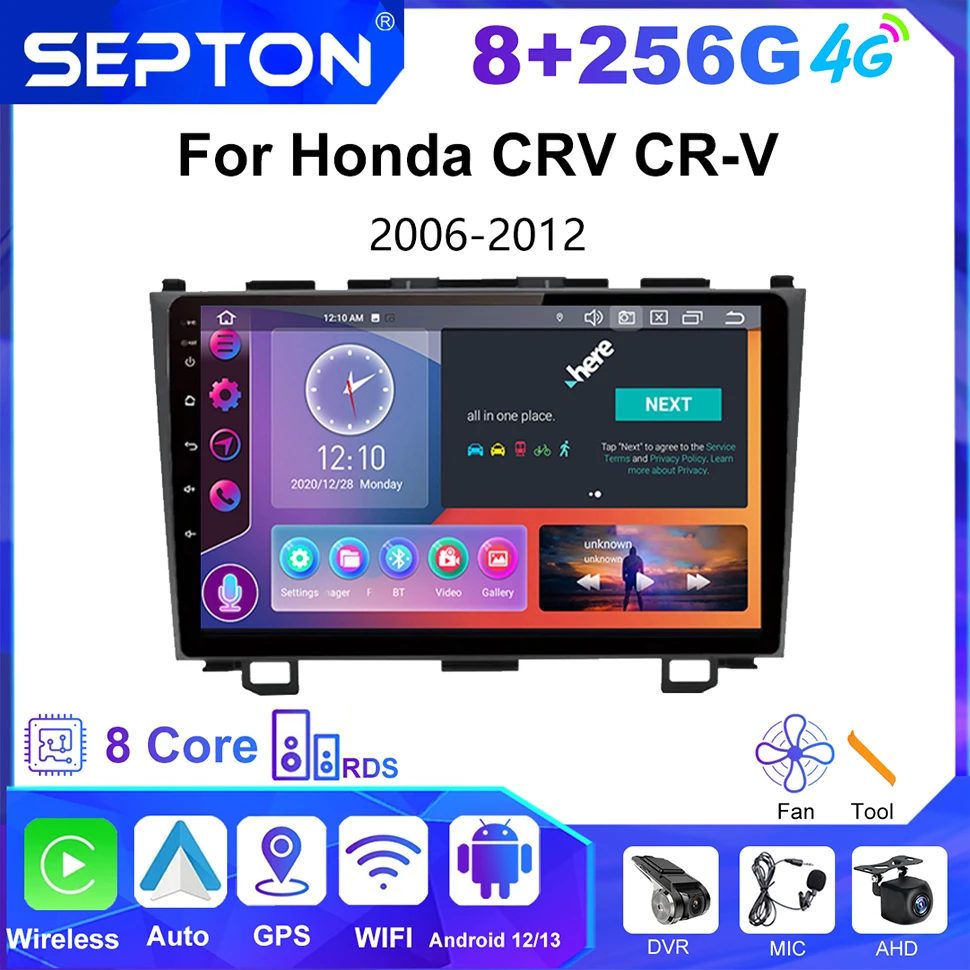 

SEPTON Car Stereo Radio for Honda CRV CR-V 2006-2012 Multimedia Video Player CarPlay Navigation GPS 4G Android 12 2Din Headunit