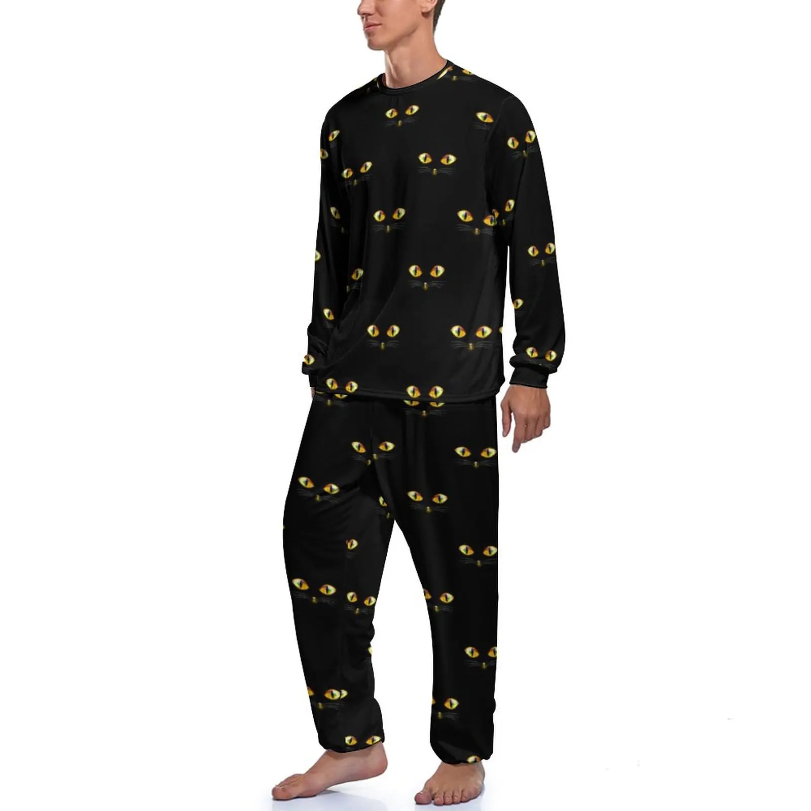 Cat Eyes Print Pajamas Funny Halloween Men Long-Sleeve Soft Pajama Sets Two Piece Room Spring Custom Nightwear Gift Idea