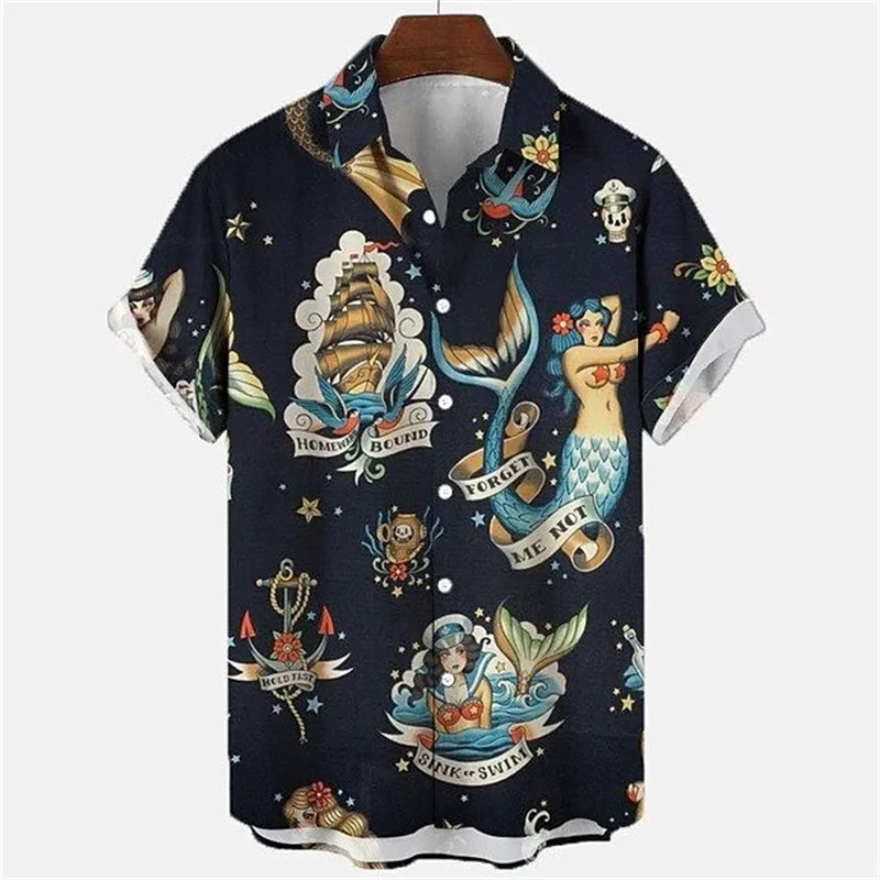 Mermaid Retro Printed Shirts Men's European And American Pattern Shirts Summer Casual Short Sleeved Shirt Hawaiian Button Shirts